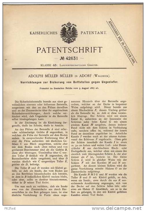 Original Patentschrift - A. Müller In Adorf - Waldeck , 1887 , Bettstellen Gegen Ungeziefer , Bett !!! - Sonstige & Ohne Zuordnung