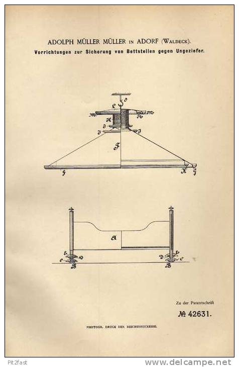 Original Patentschrift - A. Müller In Adorf - Waldeck , 1887 , Bettstellen Gegen Ungeziefer , Bett !!! - Sonstige & Ohne Zuordnung