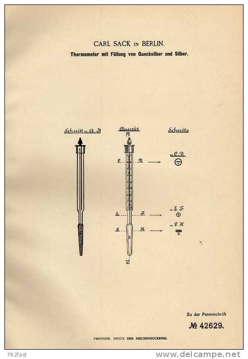 Original Patentschrift - Thermometer Mit Silber , 1887 , C. Sack In Berlin !!! - Techniek & Instrumenten