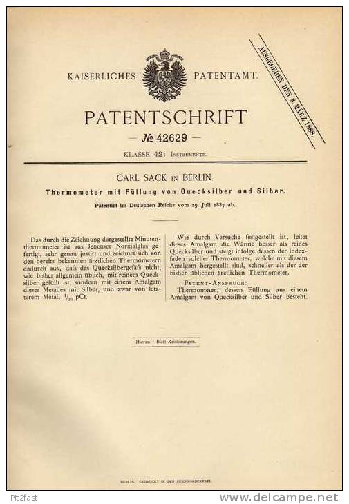 Original Patentschrift - Thermometer Mit Silber , 1887 , C. Sack In Berlin !!! - Technique Nautique & Instruments