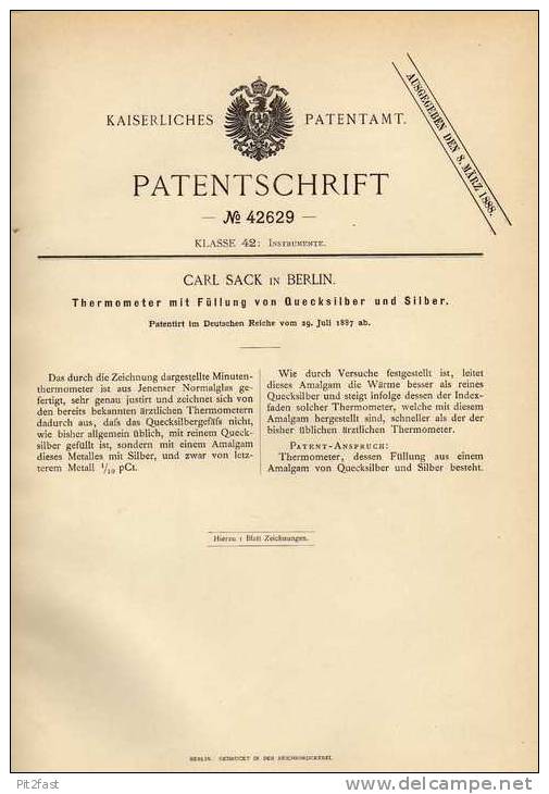 Original Patentschrift - Thermometer Mit Silber , 1887 , C. Sack In Berlin !!! - Technics & Instruments
