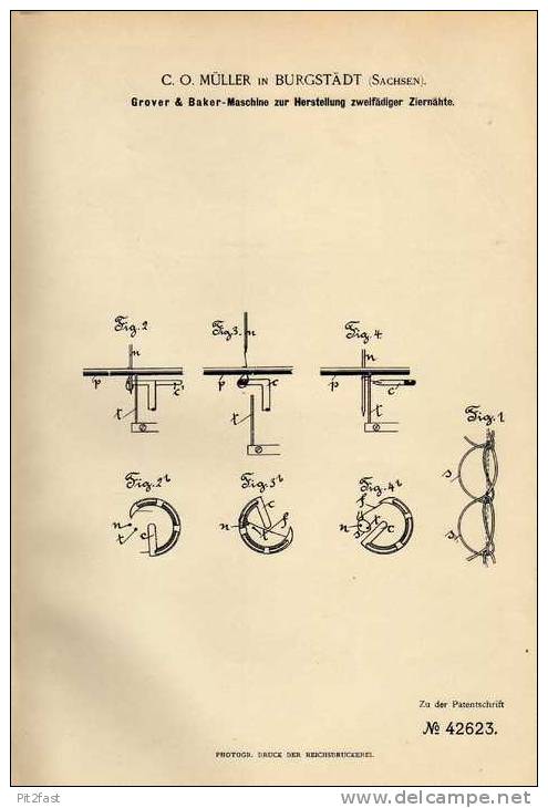 Original Patentschrift - C.O. Müller In Burgstädt , Sachsen , 1887 , Maschine Für Ziernähte !!! - Tools