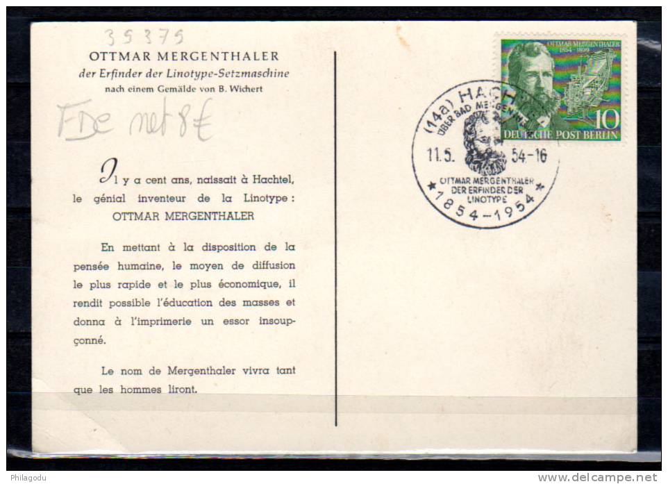 Ottmar Mergenthaler, 105 Ø Sur Une TB Carte Postale à Son Effigie   IMPRIMERIE  PRINTER - Covers & Documents