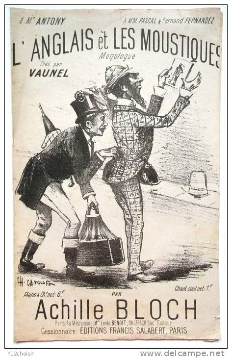 FORMAT PARTITION MUSICALE ANCIENNE L ANGLAIS ET LES MOUSTIQUES MONOLOGUE VAUNEL ACHILLE BLOCH  ED. SALABERT CHAPEAU - Partitions Musicales Anciennes