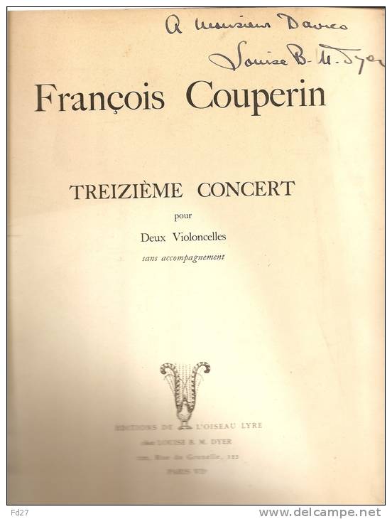 PARTITION DE FRANCOIS COUPERIN: TREIZIEME CONCERT - POUR DEUX VIOLONCELLES - A-C