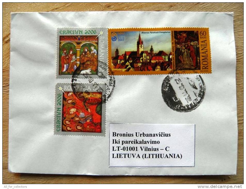 Cover Sent From Romania To Lithuania, Christmas Noel , Sibiu, Painting - Storia Postale