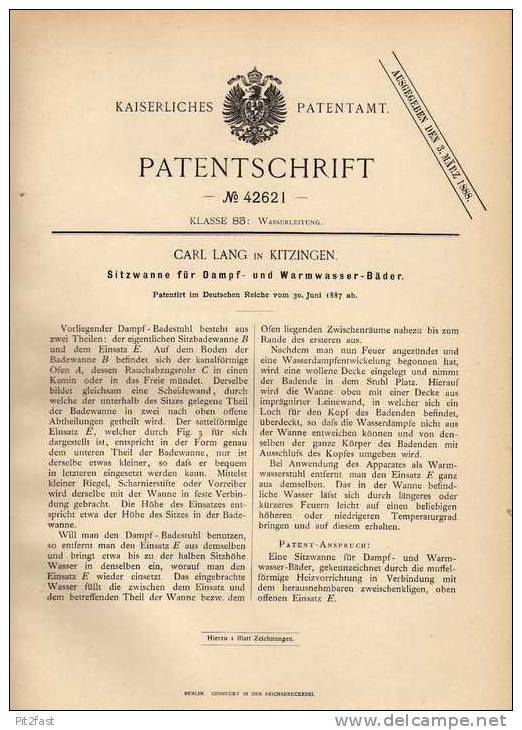 Original Patentschrift - C. Lang In Kitzingen , 1887 , Wanne Für Dampfbad , Bad !!! - Sonstige & Ohne Zuordnung