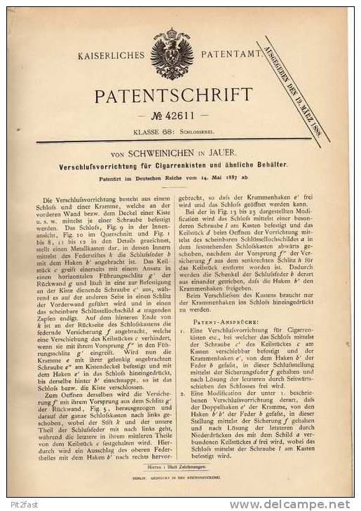 Original Patentschrift - Von Schweinichen In Jauer , 1887 , Cigarrenkisten - Verschluß , Cigarre , Zigarre !!! - Empty Cigar Cabinet