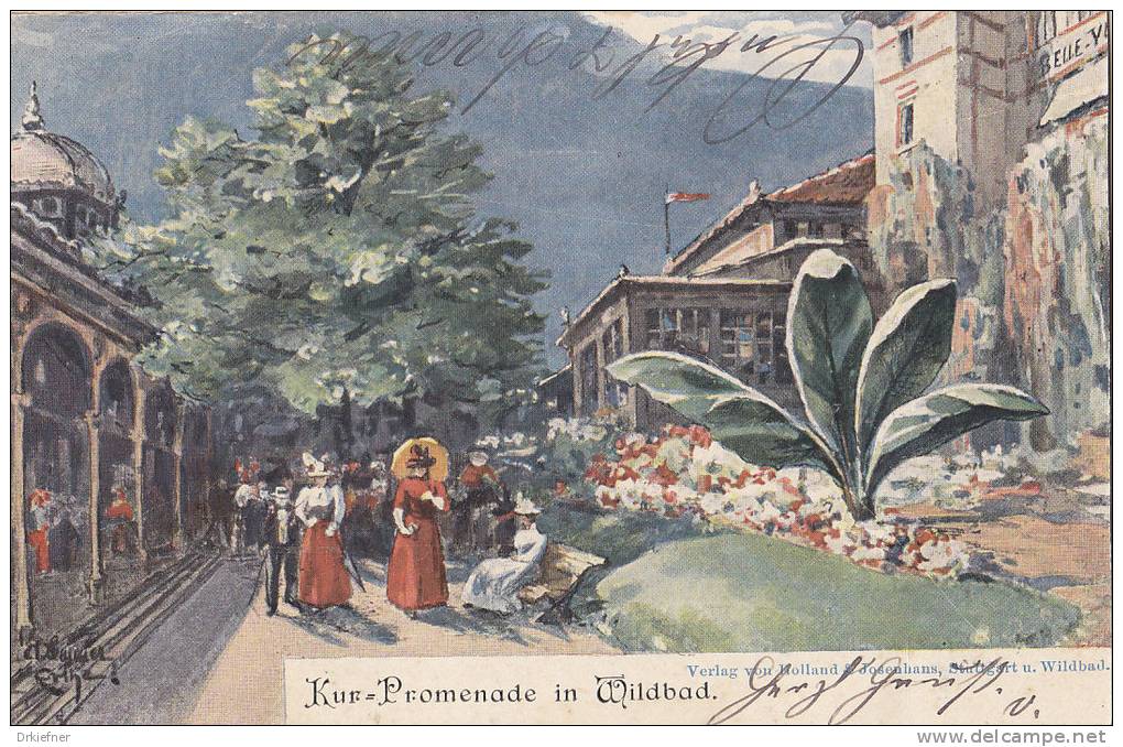 LITHO: Bad Wildbad, Kurpromenade, Stempel: Wildbad 9.JUN 19012 Nach Frankfurt - Calw