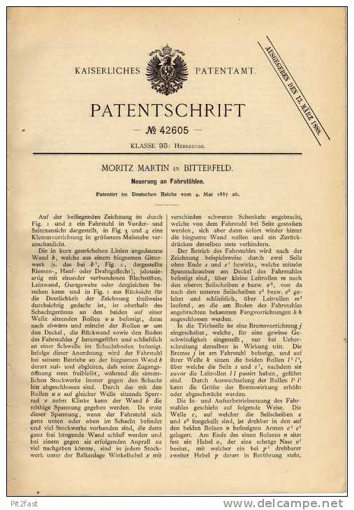 Original Patentschrift - M. Martin In Bitterfeld , 1887 , Fahrstuhl , Lift , Aufzug !!! - Architecture