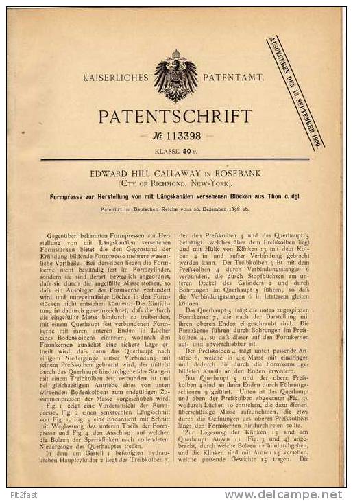 Original Patentschrift - E. Callaway In Rosebank , 1898 , Presse Für Formen Aus Thon !!! - Tools
