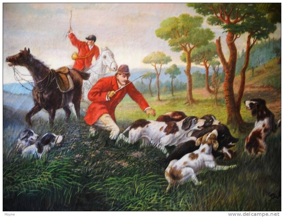 CHASSE   à   COURRE -    " LA  CAPTURE Du SANGLIER " - HUILE  SUR  TOILE Signée En Bas à Droite  VENNERIE   Gd Format - Olieverf