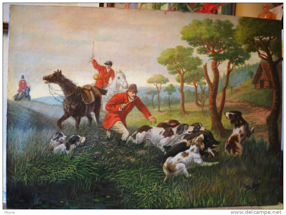 CHASSE   à   COURRE -    " LA  CAPTURE Du SANGLIER " - HUILE  SUR  TOILE Signée En Bas à Droite  VENNERIE   Gd Format - Olieverf