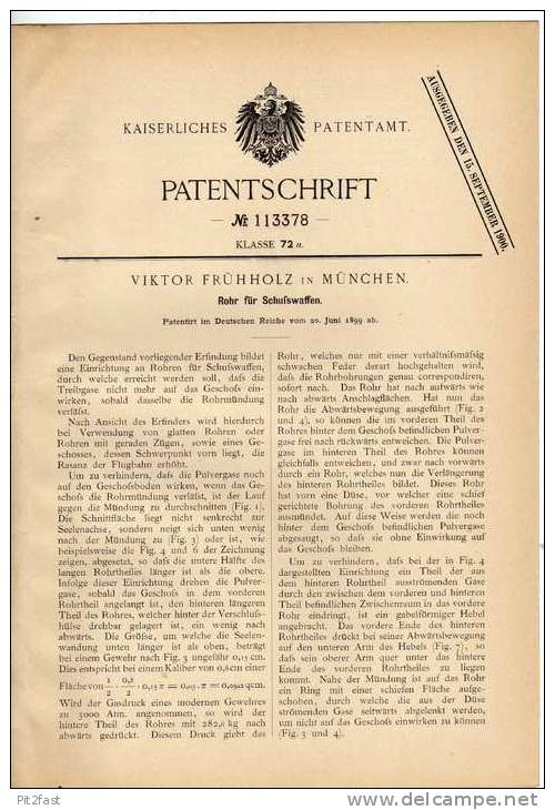 Original Patentschrift - Rohr Für Schußwaffen , Gewehr , 1899 , V. Frühholz In München , Waffe !!! - Equipement