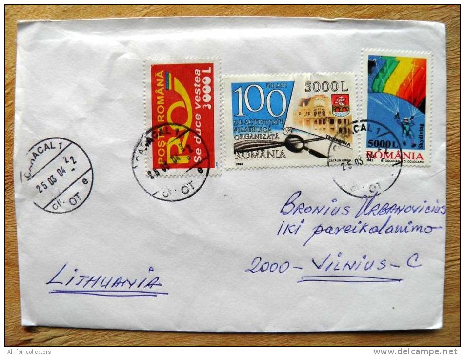 2 Scans, Cover Sent From Romania To Lithuania, Skydiving Sport Parachute, Post, Philatelic, Musical Instruments - Covers & Documents