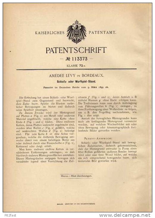 Original Patentschrift - Schießstand , 1899 , Jahrmarkt , Kirmes , Rummel , A. Lévy In Bordeaux !!! - Antikspielzeug