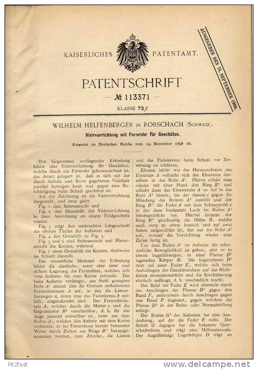 Original Patentschrift - W. Helfenberger In Rorschach , 1898 , Zielfernrohr Für Geschütz , Kanone , Fernrohr !!! - Ottica