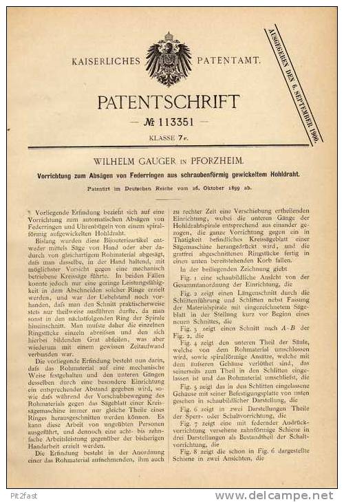 Original Patentschrift - W. Gauger In Pforzheim , 1899 , Sägevorrichtung Für Federringe !!! - Machines