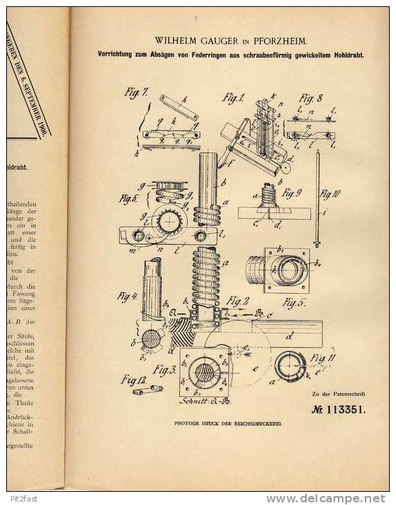 Original Patentschrift - W. Gauger In Pforzheim , 1899 , Sägevorrichtung Für Federringe !!! - Tools