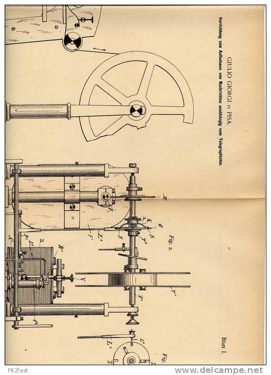 Original Patentschrift - G. Giorgi In Pisa , 1898 , Telegraphie , Aufnehmen Von Nachrichten , Telegraph , Telegraphy !! - Maschinen