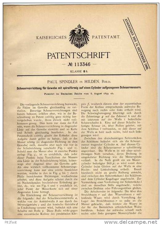 Original Patentschrift - P. Spindler In Hilden , 1899 , Scheuermaschine Für Gewebe , Textilien !!! - Tools