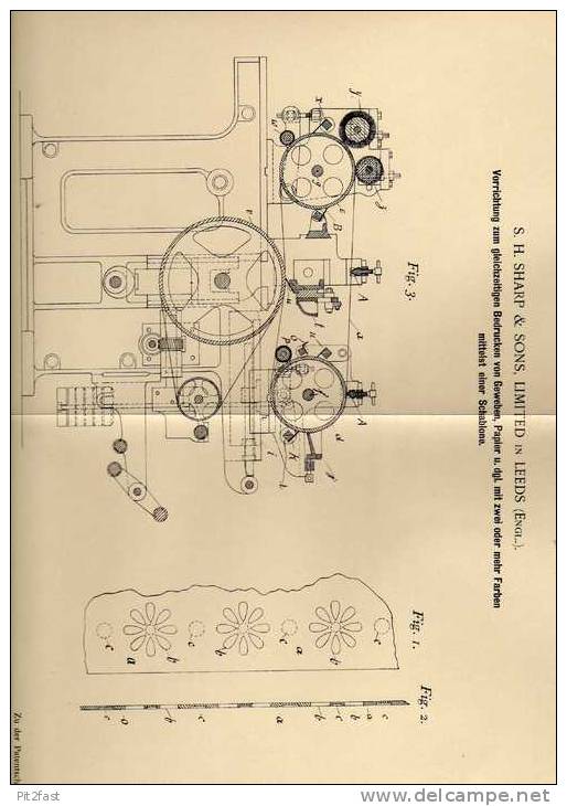 Original Patentschrift - A. Sharp In Leeds , 1899 , Druckmaschine Für Papier Und Gewebe , Druckerei !!! - Machines