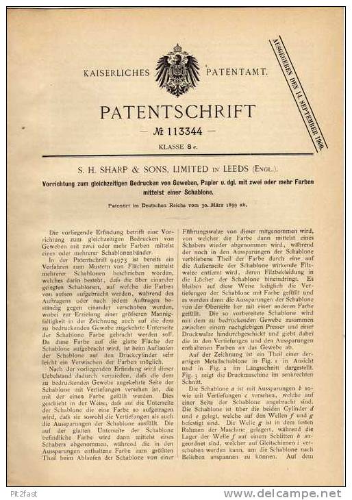 Original Patentschrift - A. Sharp In Leeds , 1899 , Druckmaschine Für Papier Und Gewebe , Druckerei !!! - Maschinen