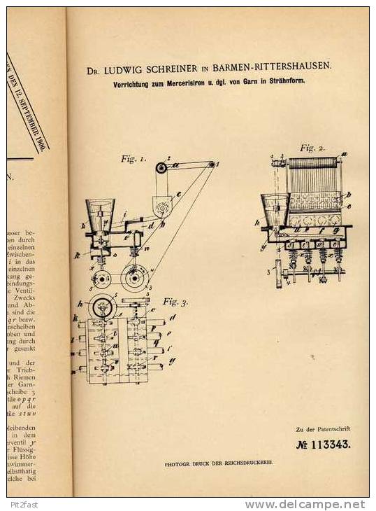 Original Patentschrift - Dr. Schreiner In Barmen - Rittershausen , 1899 , Maschine Für Garn , Näherei !!! - Machines