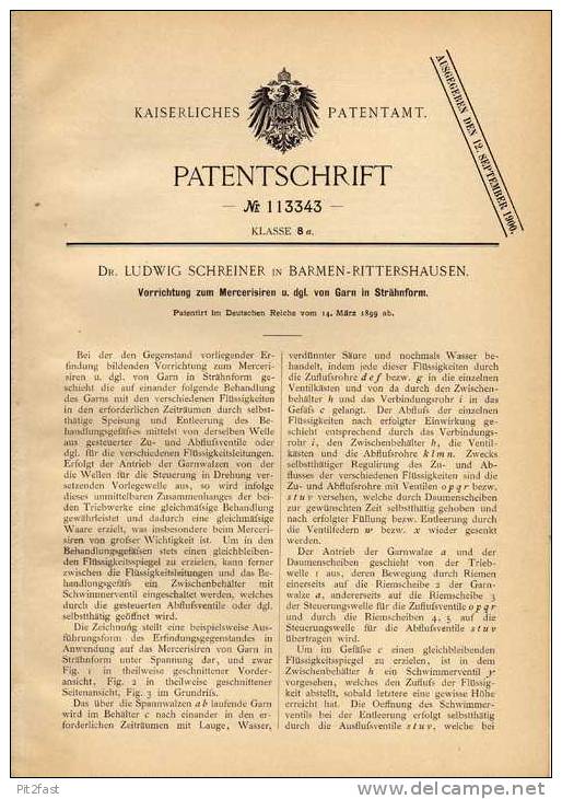 Original Patentschrift - Dr. Schreiner In Barmen - Rittershausen , 1899 , Maschine Für Garn , Näherei !!! - Máquinas