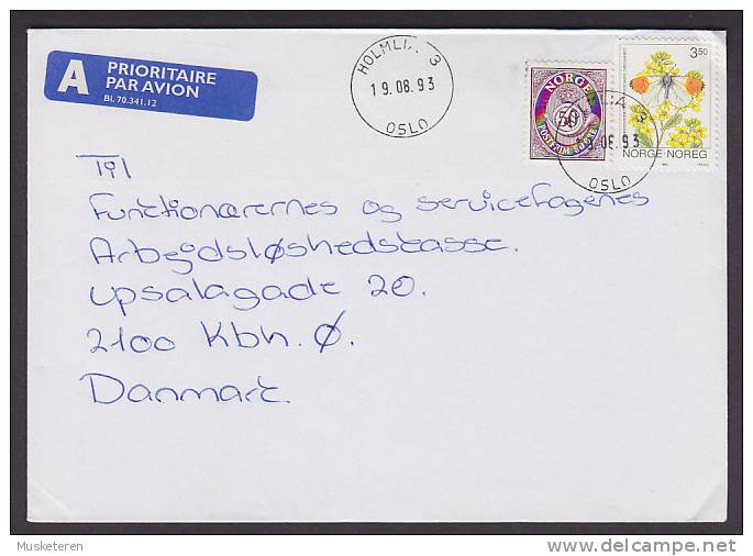Norway A Prioritaire Par Avion Bl. 70.341.12 Label Deluxe HOLMLIA 1993 Cover Denmark Butterfly Schmetterling Papillon - Covers & Documents