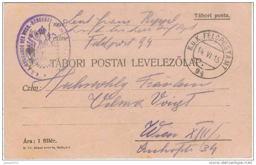 Pour Vienne Cachet à Date "K.u.K. Feldpostamt 94 Et Cachet Militaire"K.U.K. Kommando Des Bosn.-Hercegov..." - Hojas Completas