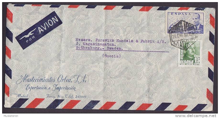 Spain Airmail Por Avion ABASTECIMIENTOS ORBEA S.A. MADRID 1950 Cover To GOTHEBURG Göteborg Sweden - Briefe U. Dokumente