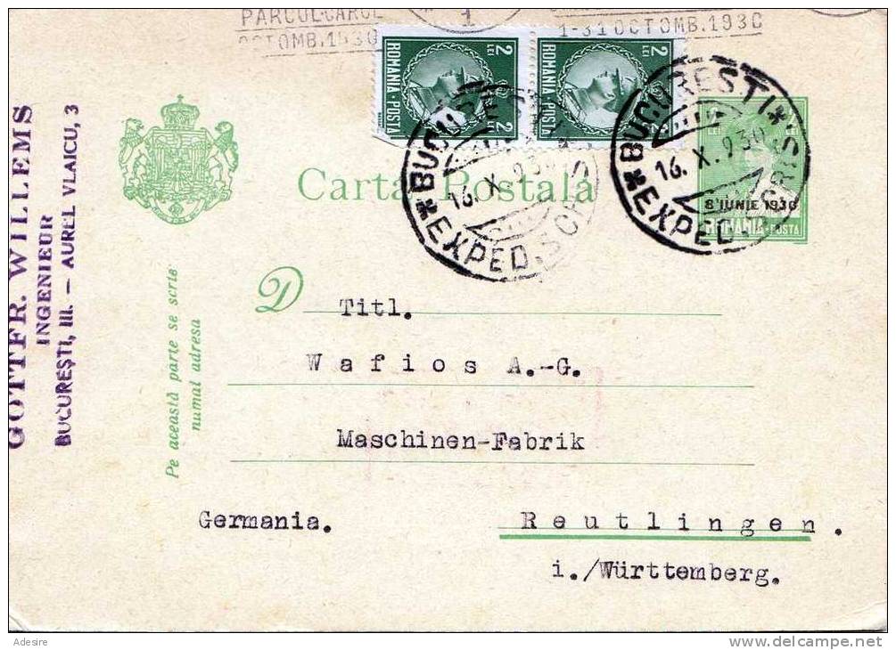 1930, Rumänien, Ganzsache Mit 2 Fach Zusatzfrankierung Auf Pk Gel. Bukarest &gt; Reutlingen - Gebraucht