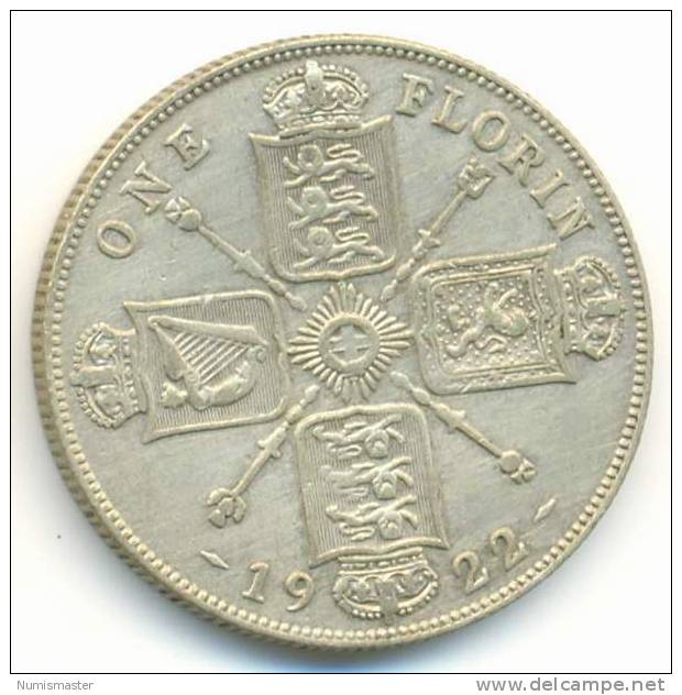 GREAT BRITAIN , FLORIN 1922 , SILVER COIN - J. 1 Florin / 2 Shillings