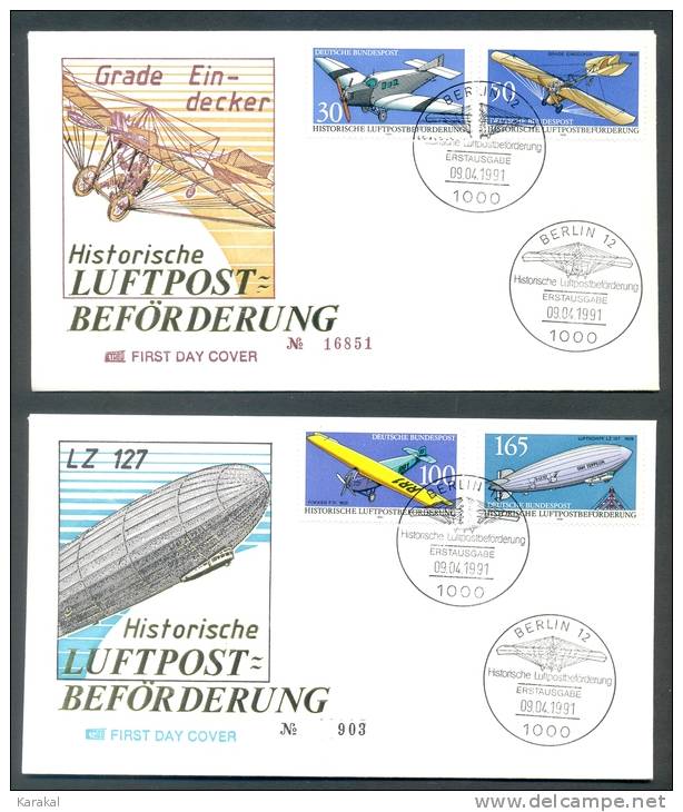 Germany Allemagne Deutsche Bundespost Historische Luftpost Beforderung Avions Airplanes Zepplin 2x FDC Berlin 06.04.1991 - Zeppelines