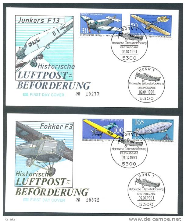 Germany Allemagne Deutsche Bundespost Historische Luftpost Beforderung Avions Airplanes Zepplin 2x FDC Bonn 06.04.1991 - Zeppelines