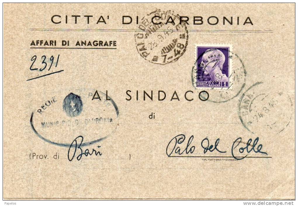 1945 LETTERA   CON ANNULLO  CARBONARA CAGLIARI  + PALO DEL COLLE BARI - Marcofilía