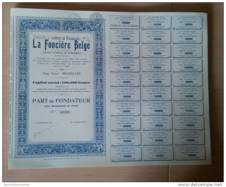 Lot 50 Stück La Foncière Belge Part De Fondateur 1931 - Banque & Assurance