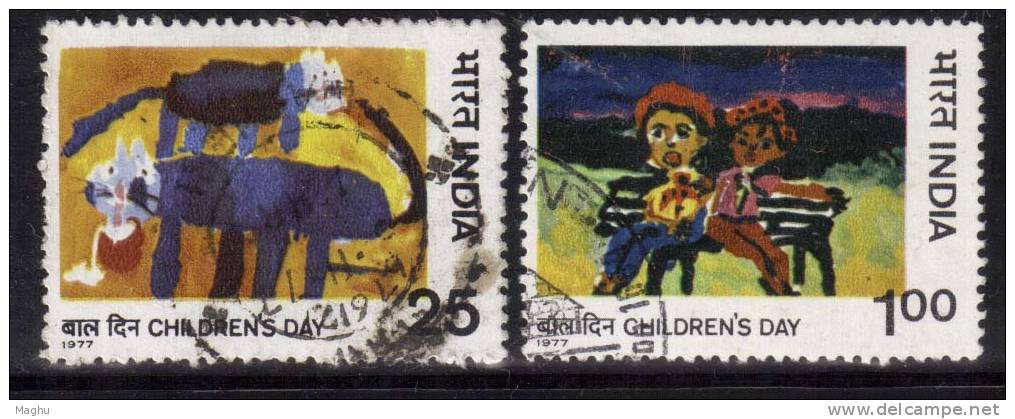 India Used 1977, Set Of 2, Childrens Day, Painting, Kinder, 'Cats', 'Friends', Animal Cat, - Gebraucht