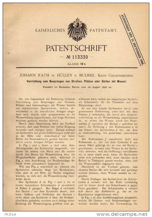 Original Patentschrift - J. Rath In Hüllen B. Bulmke , 1898 , Sprenger Für Straßen Oder Garten !!! - Machines