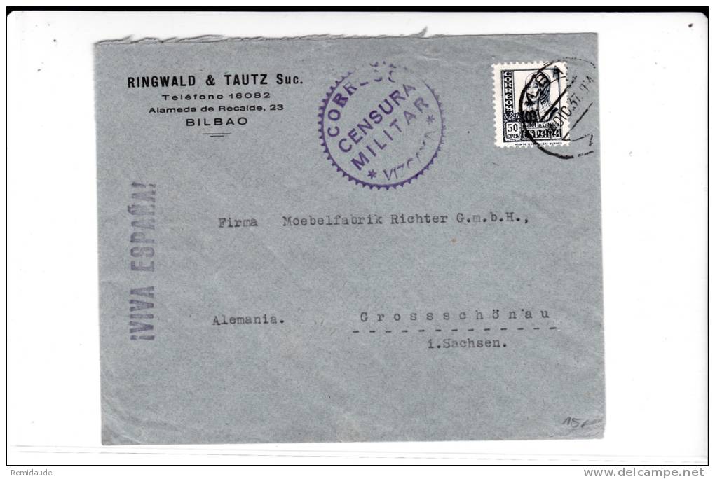 ESPAGNE - 1937 - ENVELOPPE COMMERCIALE De BILBAO Avec CENSURE De VIZCAYA Pour L´ALLEMAGNE - "VIVA ESPANA" - Nationalistische Zensur