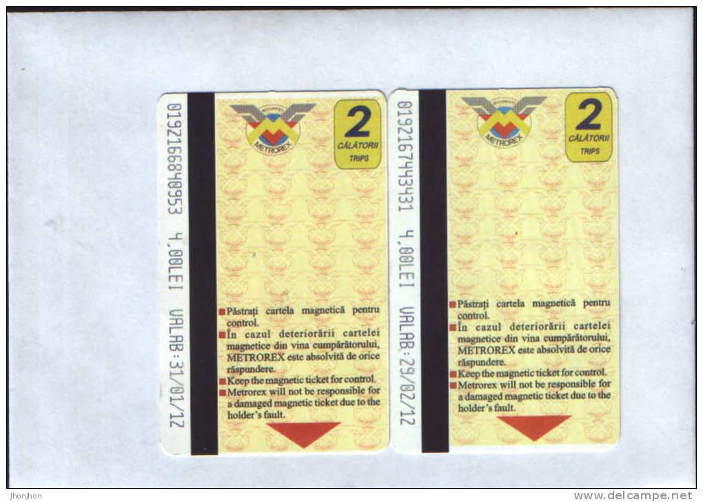 Romania-Magnetic Cards For 2 Travels By Metro In Bucharest -2 Pieces Used - Europe