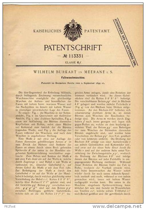 Original Patentschrift - W. Burkart In Meerane I.S., 1899 , Faß - Waschmaschine , Fässer , Bierfass , Fass !!! - Maschinen