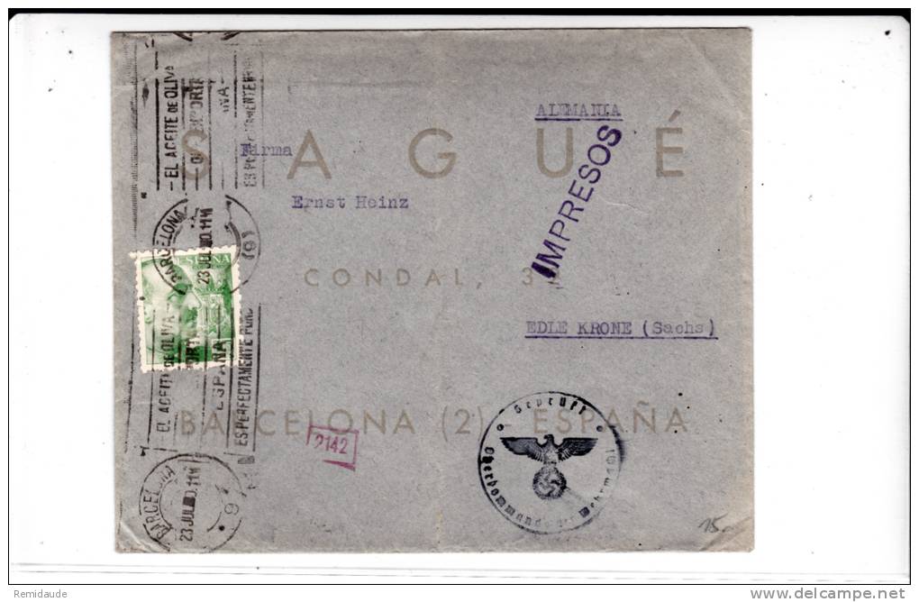 ESPAGNE - 1940 - ENVELOPPE De BARCELONA Avec CENSURES ESPAGNOLE + ALLEMANDE Pour L´ALLEMAGNE - - Bolli Di Censura Nazionalista