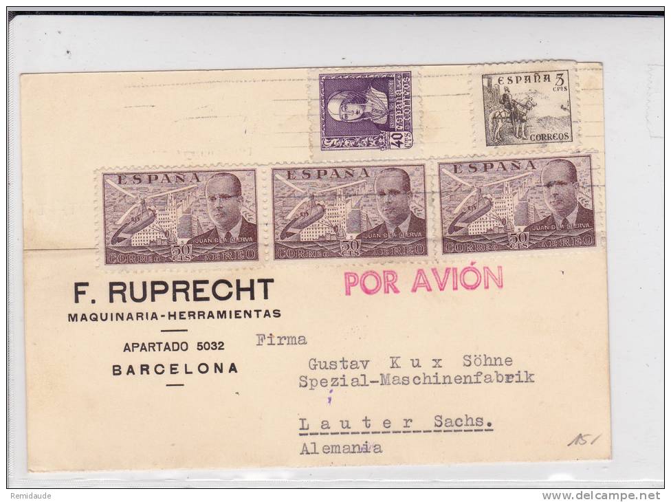 ESPAGNE - 1939 - CARTE POSTALE COMMERCIALE (2° GUERRE MONDIALE) De BARCELONA Avec CENSURE Pour LAUTER (SACHSEN) - Bolli Di Censura Nazionalista