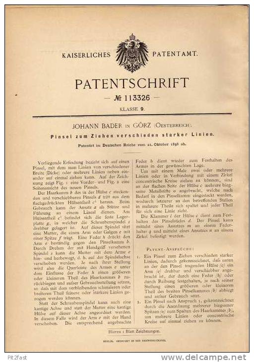 Original Patentschrift - J. Bader In Görz / Gorizia , 1898 , Pinsel Für Verschieden Starke Linien !!! - Pens