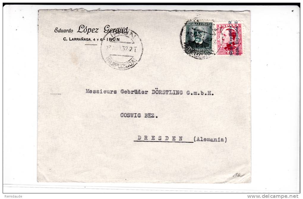 ESPAGNE - 1932 - ENVELOPPE COMMERCIALE De IRUN Pour COSWIG (GERMANY) - Lettres & Documents