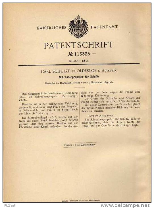 Original Patentschrift - C. Schulze In Oldesloe I. Holstein , 1899 , Schraubenpropeller Für Schiffe , Schiffsschraube !! - Other & Unclassified