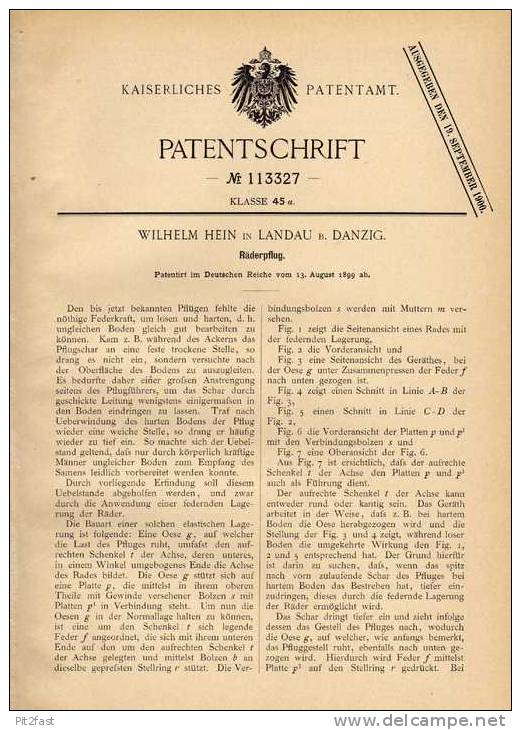 Original Patentschrift - W. Hein In Landau B. Danzig , 1899 , Räderpflug , Pflug , Landwirtschaft  !!! - Machines