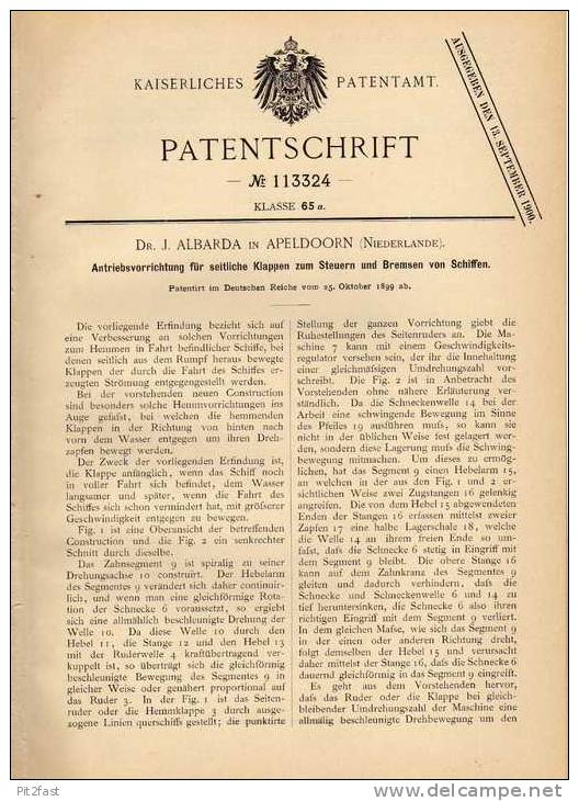 Original Patentschrift - Dr. Albarda In Apeldoorn , 1899 , Steuerung Und Bremsung Von Schiffen !!! - Otros & Sin Clasificación